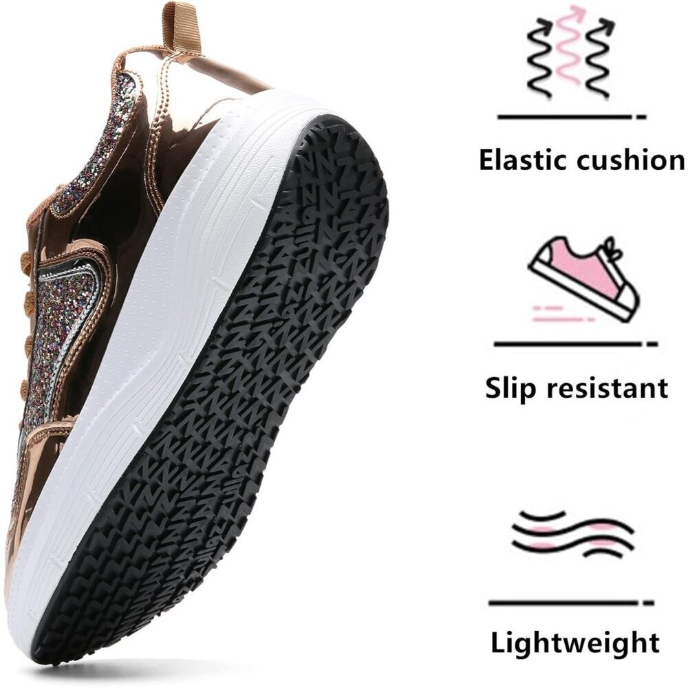 Women's Gold Breathable Mesh Comfort Lightweight Wedge Platform Sneakers - Picture 3 of 7